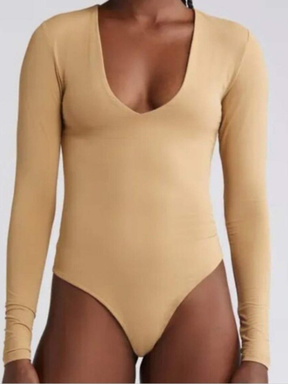 Open Edit Tan Double Layer Long Sleeve V Neck Bodysuit Scoop Neck - Beige
